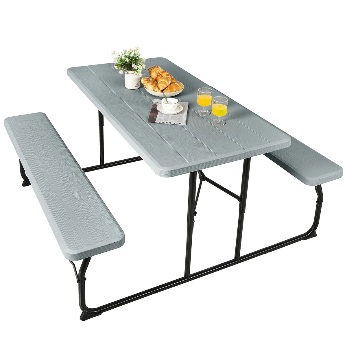 Costway Indoor & Outdoor Folding Picnic Table Bench Set w/ Wood-like Texture Grey