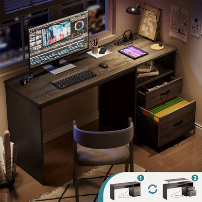 Bestier Computer Desk with Drawers Power Outlet  60" Office Desk Lift Top Desk, Gray