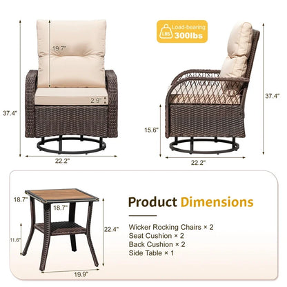 Lacoo 3 Piece Outdoor Bistro Set Patio 360�� Swivel Rocking Chairs & Table All-Weather Rattan High Back Conversation Set for Backyard Porches Garden