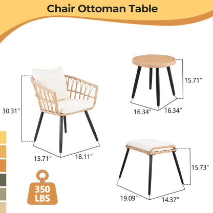 FHFO 3 Piece Patio Bistro Set, Outdoor Wicker Apartment Balcony Furniture Sets, Rattan Table and Chairs Set of 2 for Porch Backyard Lawn Poolside Deck, Beige