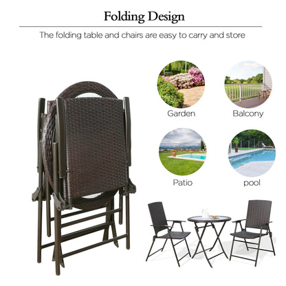 Ulax Furniture 3 Pieces Wicker Folding Bistro Set, Balcony Table and Chairs Sets, Garden Backyard Furniture
