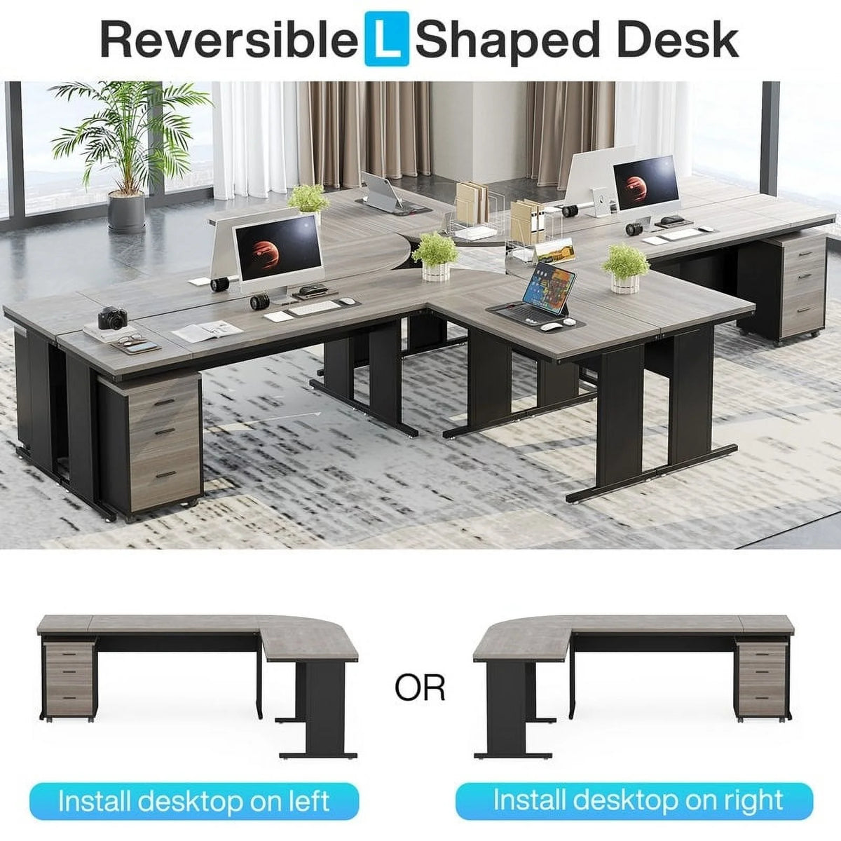 83" L-Shaped Executive Desk, Large L Office Desk with 3-Drawer Mobile File Cabinet, Business Furniture Desk Workstation Brown