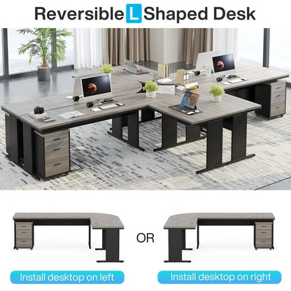 83" L-Shaped Executive Desk, Large L Office Desk with 3-Drawer Mobile File Cabinet, Business Furniture Desk Workstation Brown