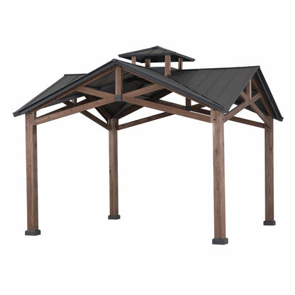 Sunjoy 12.5 x 12.5 ft. Hardtop Gazebo Outdoor Cedar Frame Wood Gazebo with Steel 2-Tier Hardtop Roof and Ceiling Hook