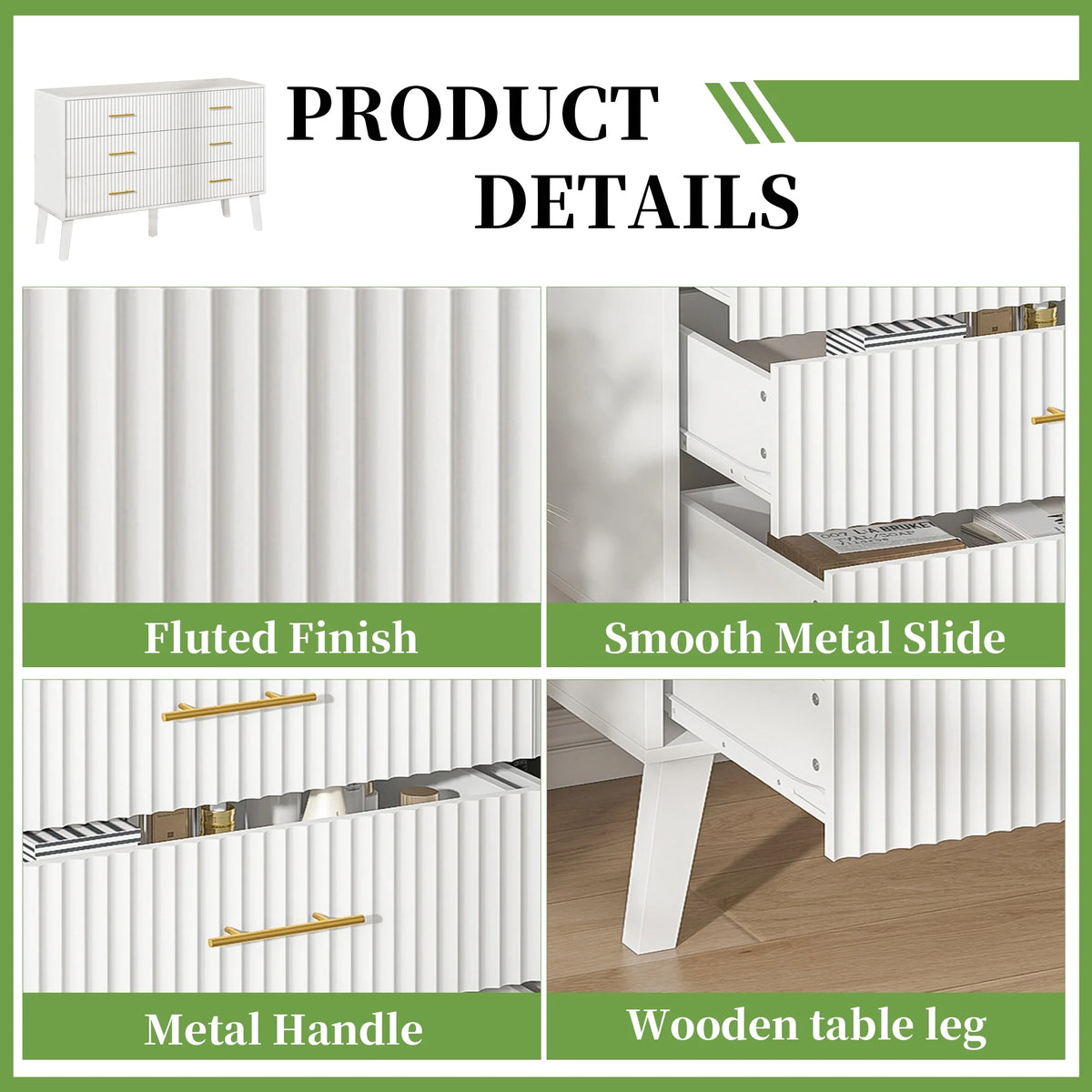 Fluted 6 Drawers Dresser, Wide Modern Chest of Drawers, 6 Drawer Double Dresser