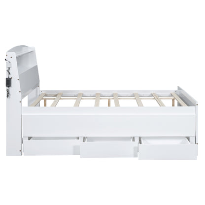 Euroco Wood Twin Size Platform Bed with Storage Headboard, Drawers Trundle and LED Light, White