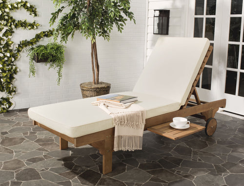 Safavieh  Outdoor Newport Solid Wood Chaise Lounge Chair with Side Table & Cushion - 27.6" x 78.7" x 14.2"