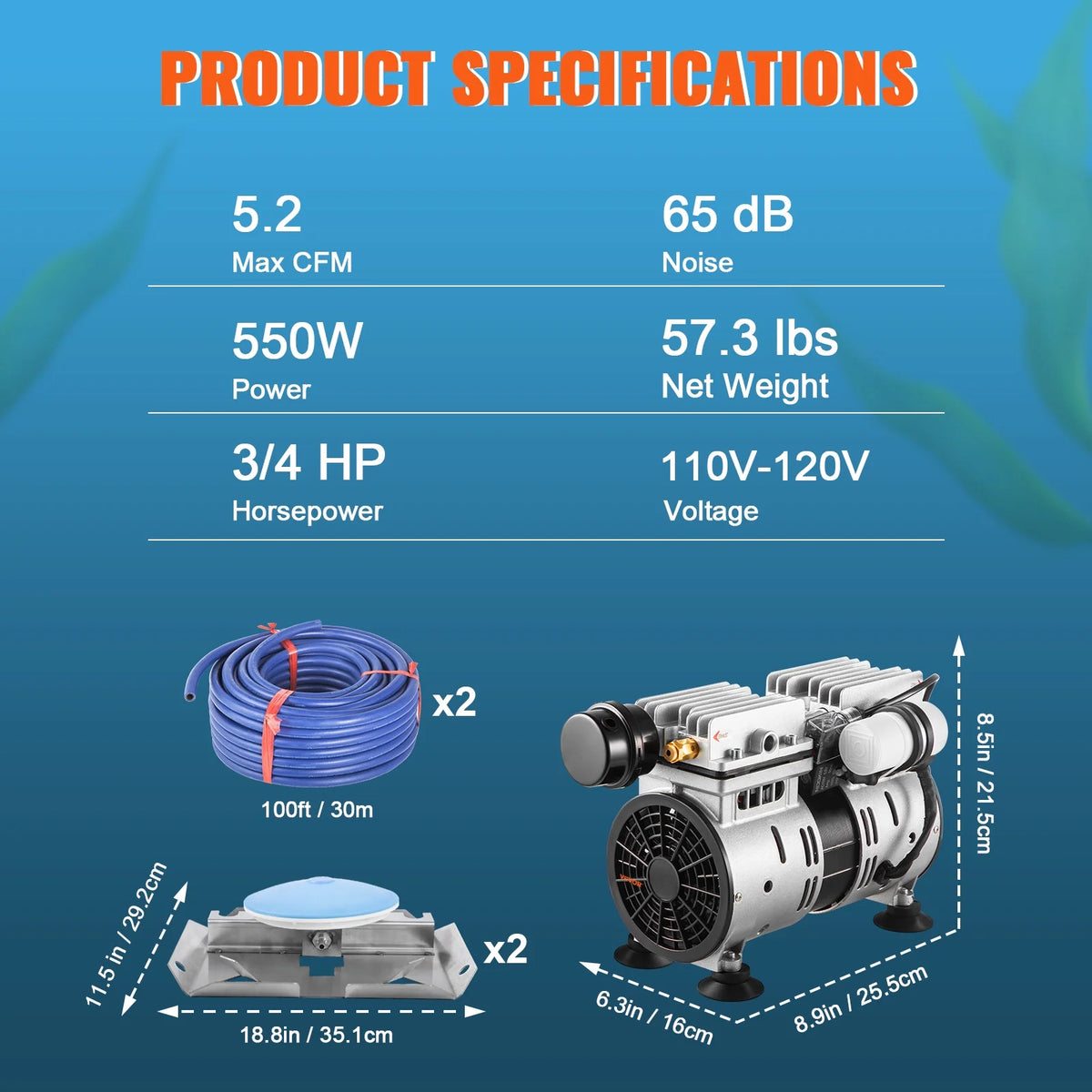 VEVOR Pond Aerator,550W Power, 5.2CFM for Up to 3 Acre 50' Lake,Pond Aeration Kit Includes 3/4 HP Compressor & 2 100' Weighted Tubings & 2 Diffusers,Air Compressor for Deep Water Oxygen Circulation
