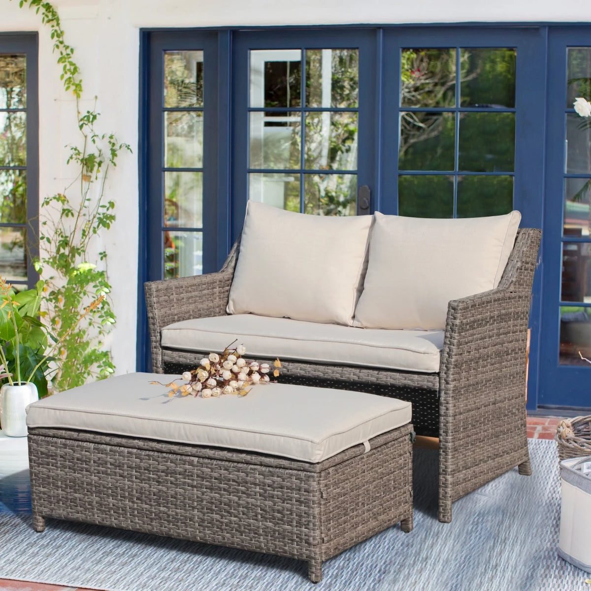 Outdoor Wicker Love Seat and Coffee Table Set, Weather Resistant Grey Rattan, Patio Furniture with Gray Cushions & Storage Bin