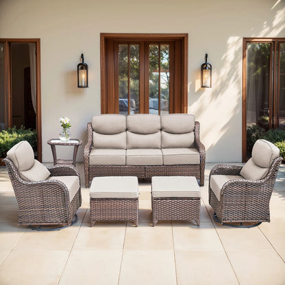 Bellefurn Luxury Outdoor Patio Furniture Set,Swivel Rocker Patio Chairs with 6-inch Thick Cushion,Patio Sofa and Glass Coffee Table,Outdoor Conversation Set for Porch, Deck, Yard