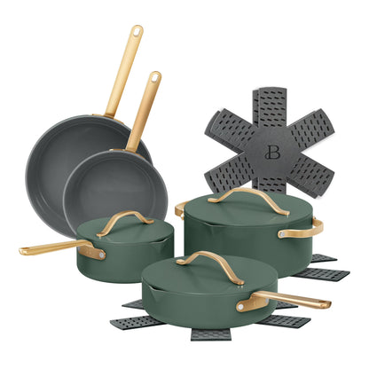 Beautiful 12pc Ceramic Non-Stick Cookware Set with Strainer Lids, White Icing by Drew Barrymore