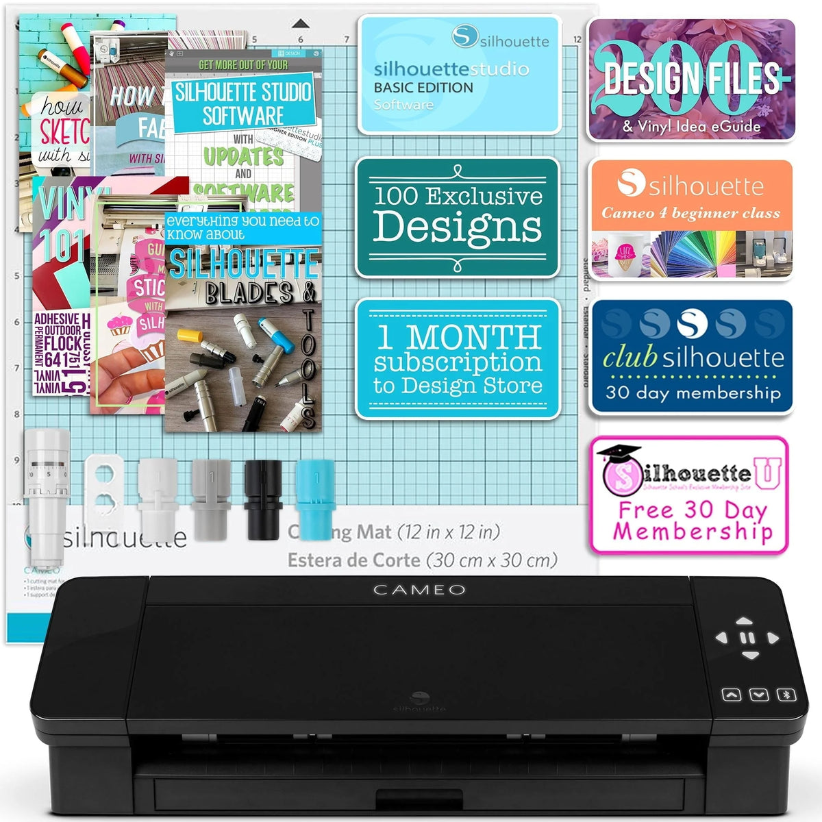Silhouette Black Cameo 4 w/ 64 Oracal Vinyl Sheets, Tools, Guides