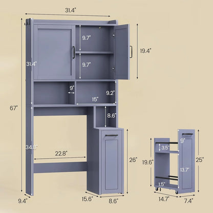 Frhnenha Over The Toilet Storage Cabinet with Pulley, Bathroom Storage Cabinet, with Adjustable Shelf and Open Shelf for Bathroom, Restroom, Laundry, White
