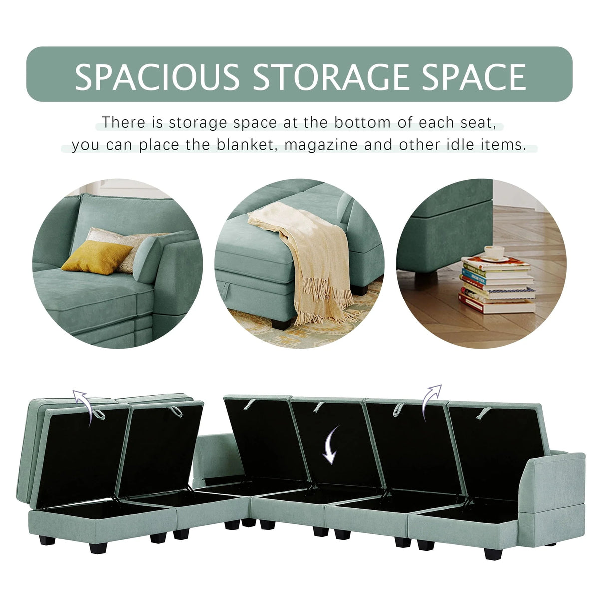 Euroco Large U-Shaped Sectional Sofa 6 Seat Convertible Sofa with Storage Seat, Modular Sofa with 2 Stools, Green