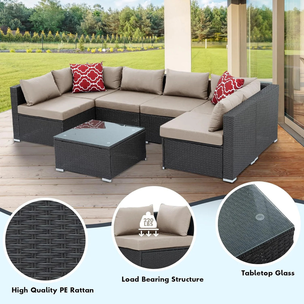 7 Piece Patio Furniture Sets Outdoor Sectional PE Rattan Outdoor Furniture Patio Conversation Set with Cushions and Glass Coffee Table, for Balcony Lawn and Garden, Gray