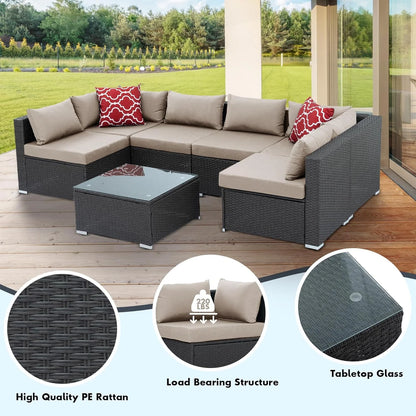 7 Piece Patio Furniture Sets Outdoor Sectional PE Rattan Outdoor Furniture Patio Conversation Set with Cushions and Glass Coffee Table, for Balcony Lawn and Garden, Gray