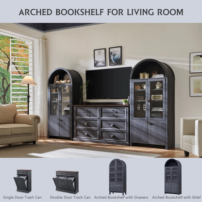 IFGET 71-Inch Arched 4-Tier Bookcase with Glass Doors and Drawers