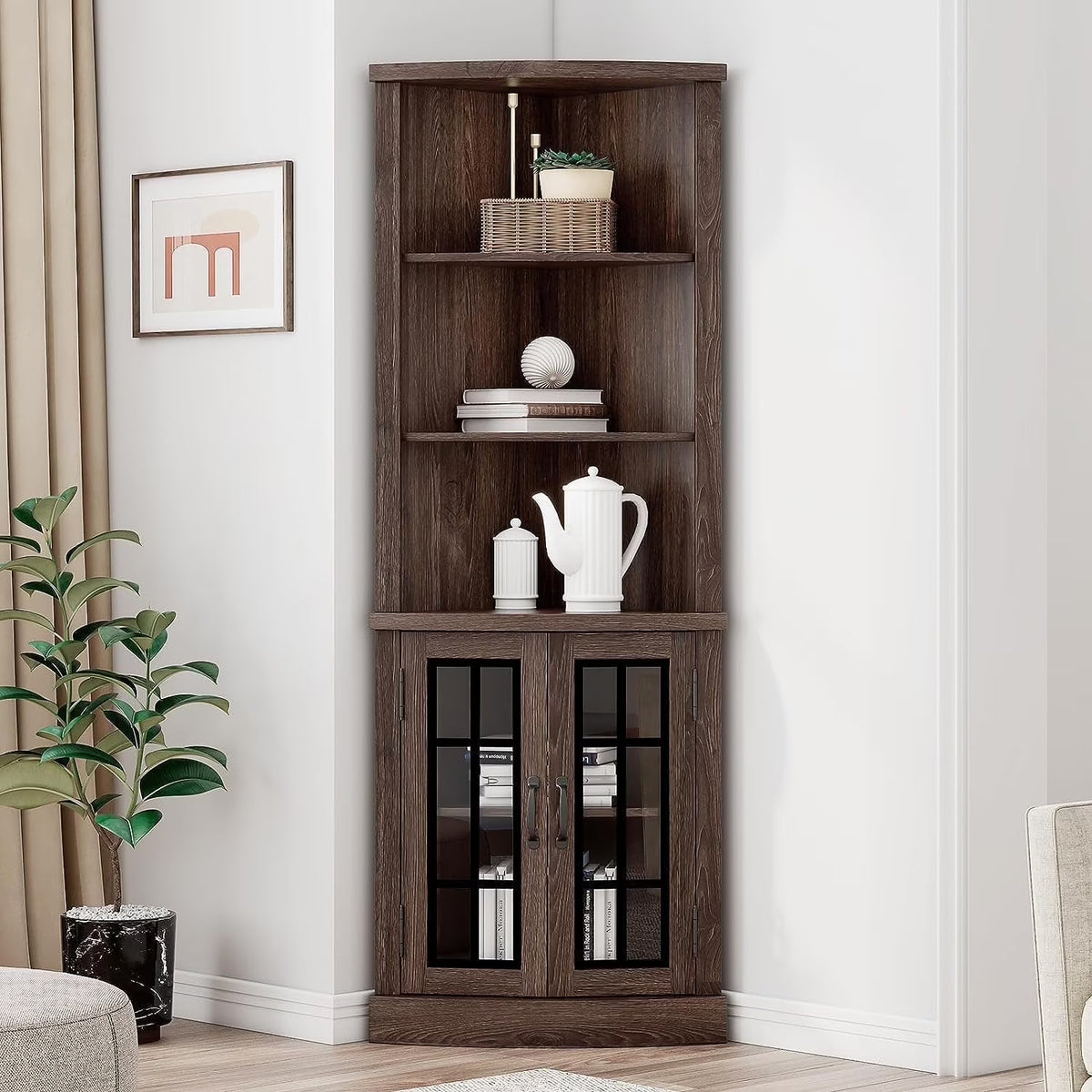 Merluxy Curved Corner Cabinet, 65" Wood Bookcase with 3 Shelves, Distressed White