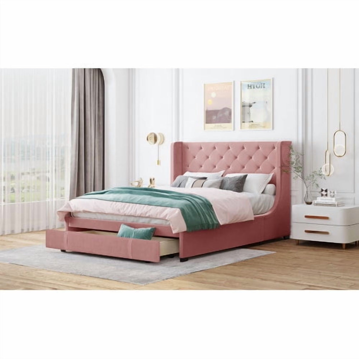 Queen Bed Frame with Storage Drawer, Velvet Upholstered Storage Bed, Wood Platform Bed Frame with Wingback Headboard and a Big Drawer(Beige)