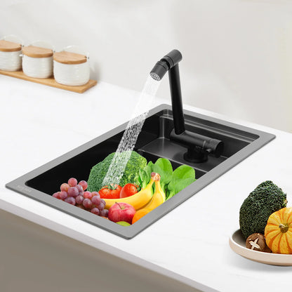 Modern Drop in Bar Sink, Single Bowl Kitchen Sink with Foldable Faucet, Black Nano 304 Stainless Steel Utility Sink for Compact Kitchen Commercial Hotel RV Laundry