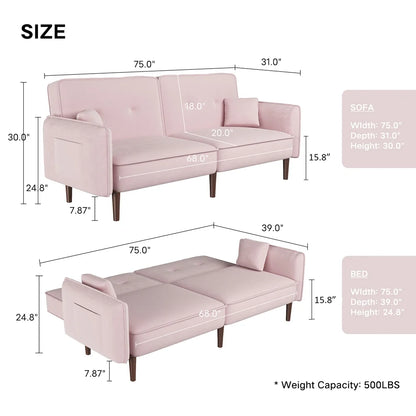 Convertible Futon Sofa Bed, 75�� Fabric Futon Couch with Adjustable Backrest, Folding Futon Sleeper Recliner for Living Room Furniture (White)