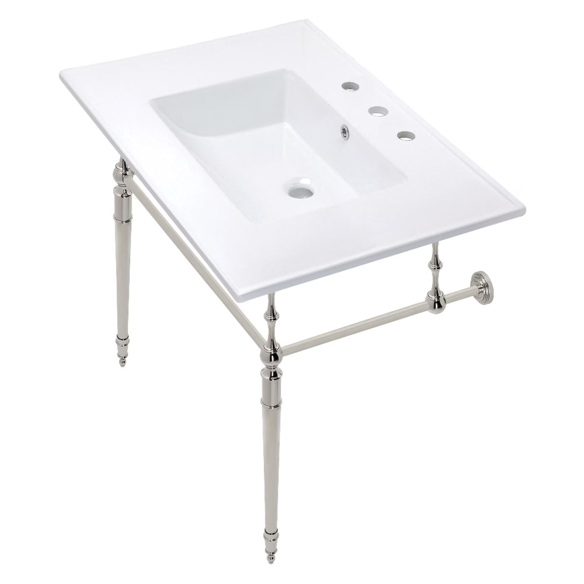 Kingston Brass KVPB31227W8PN Edwardian 31" Ceramic Console Sink with Brass Legs (8-Inch, 3-Hole), White/Polished Nickel