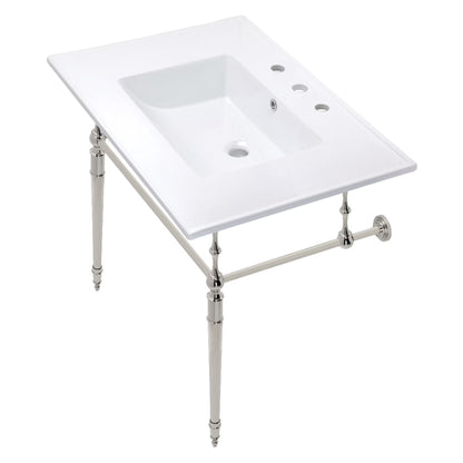Kingston Brass KVPB31227W8PN Edwardian 31" Ceramic Console Sink with Brass Legs (8-Inch, 3-Hole), White/Polished Nickel