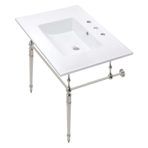 Kingston Brass KVPB31227W8PN Edwardian 31" Ceramic Console Sink with Brass Legs (8-Inch, 3-Hole), White/Polished Nickel