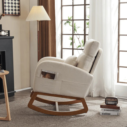 Hassch Upholstered Rocking Chair, Linen Fabric Glider Rocker with High Back, Accent Chair with Solid Wood Base, Reading Chair with Side Pocket for Living Room Bedroom Balcony, Gray