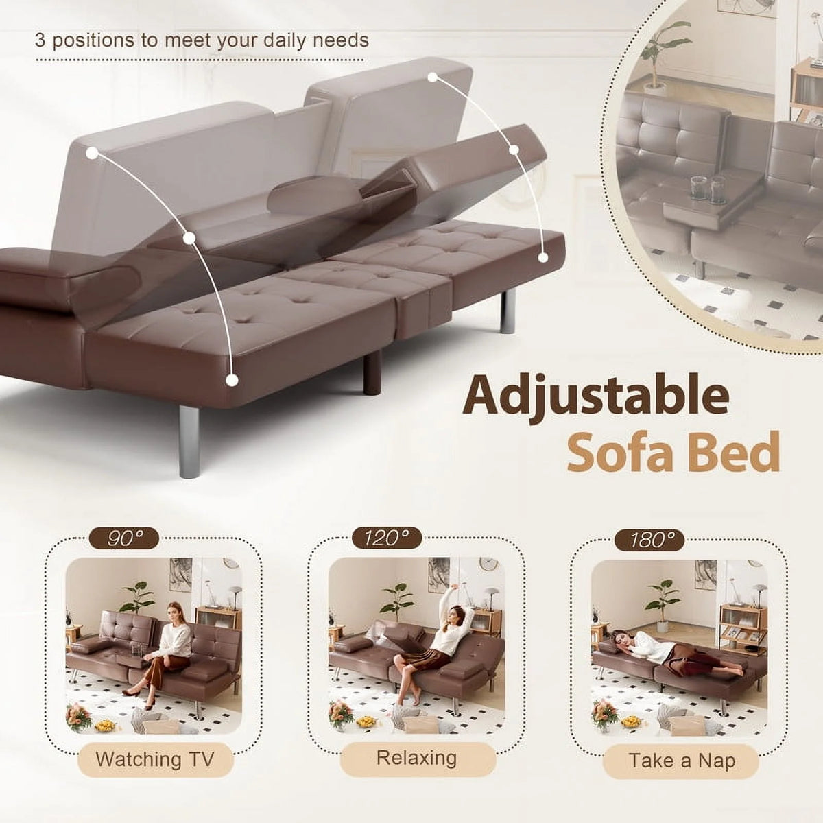 Furmax Futon Sofa Bed Convertible Folding Faux Leather Couch with 2 Cup Holders,Black