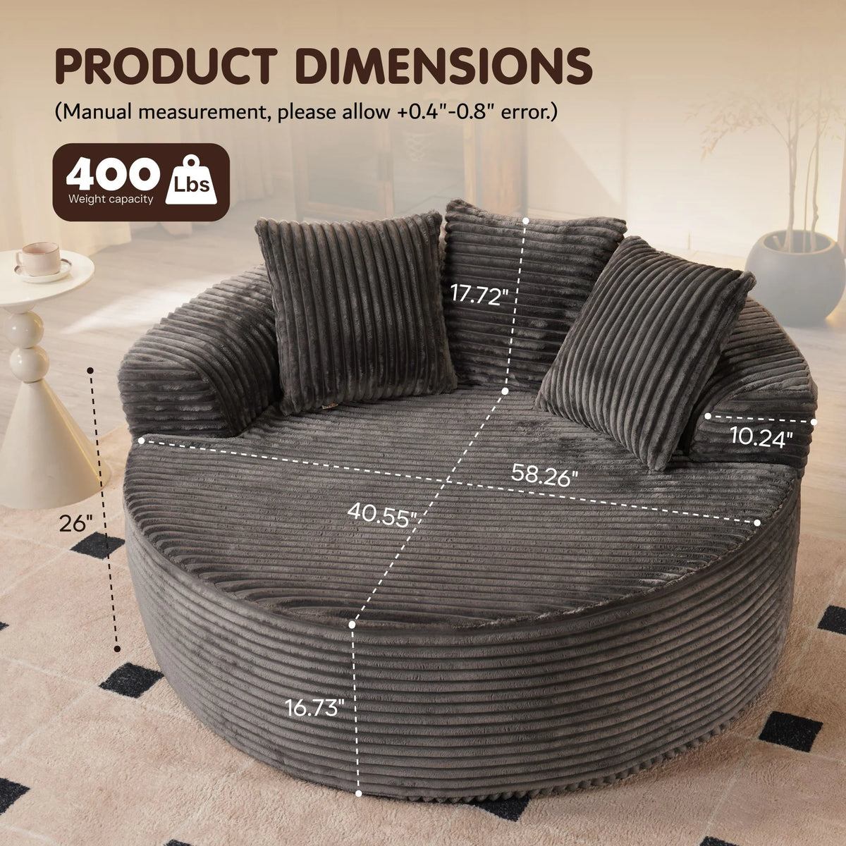 Ovios 58'' Oversized Chaise Lounge Indoor Chair Modern Cloud Floor Sofa Bed Comfy Upholstered Sleeper Couch Deep Seat Accent Reading Chair for Living Room, Bedroom, No Assembly, Black(Plush Corduroy)