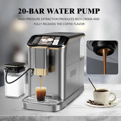 Fully Automatic Coffee Maker with Built-In Grinder and Milk Frother, Touch Screen 20 Bar High Pressure Espresso Machine with Adjustable Temperature and Strength for Home, Office