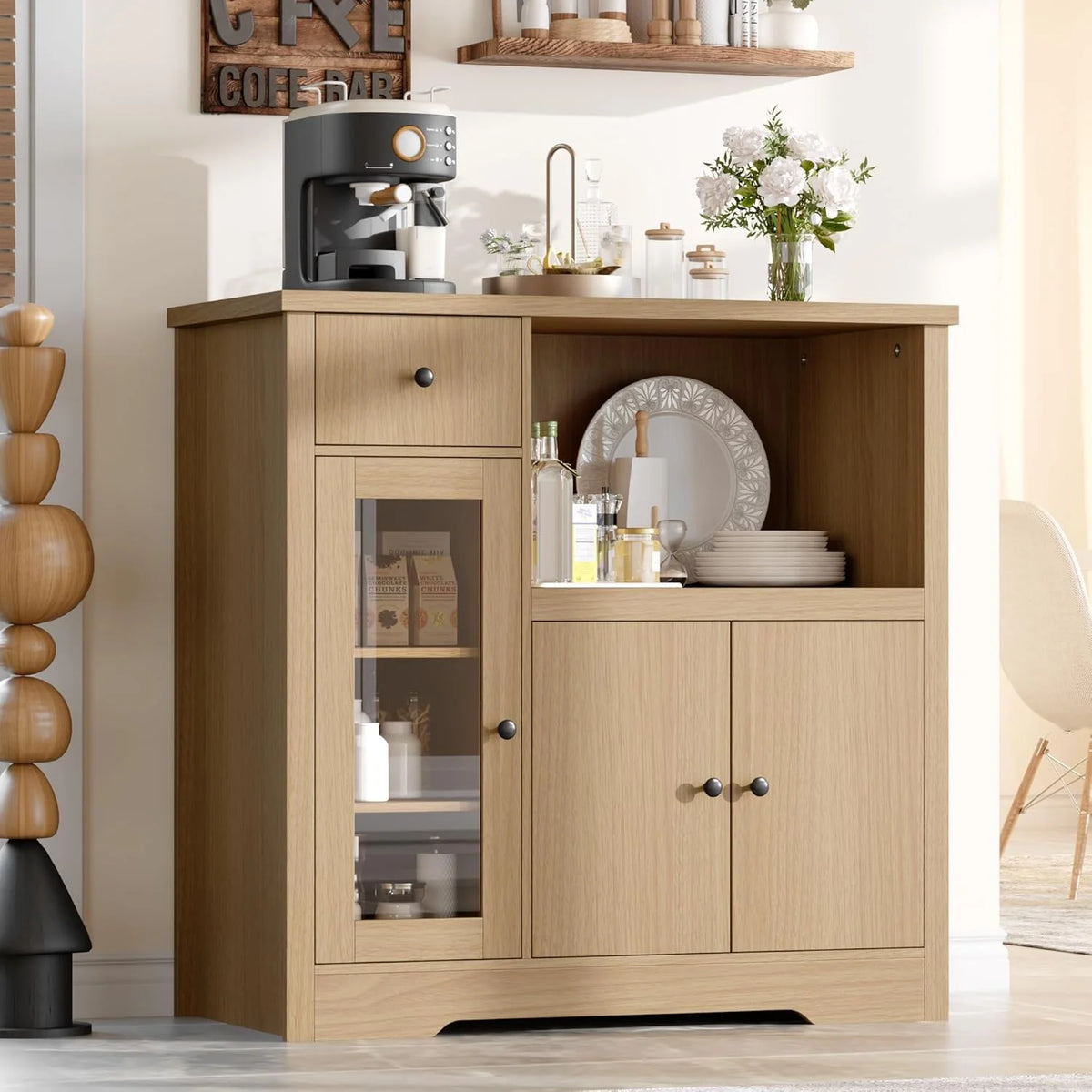 Kitchen Microwave Cabinet with Storage,Buffet Sideboard with 3 Doors, 1 Drawer & Adjustable Shelves, Pantry Storage Cabinet, White