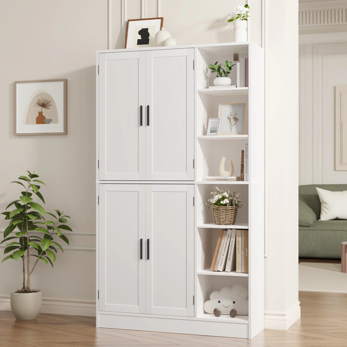 63" Tall Kitchen Pantry, Kitchen Pantry Cabinet with 4 Doors and Adjustable Shelves, Storage Cabinet for Dining Room, Laundry Room, Oak