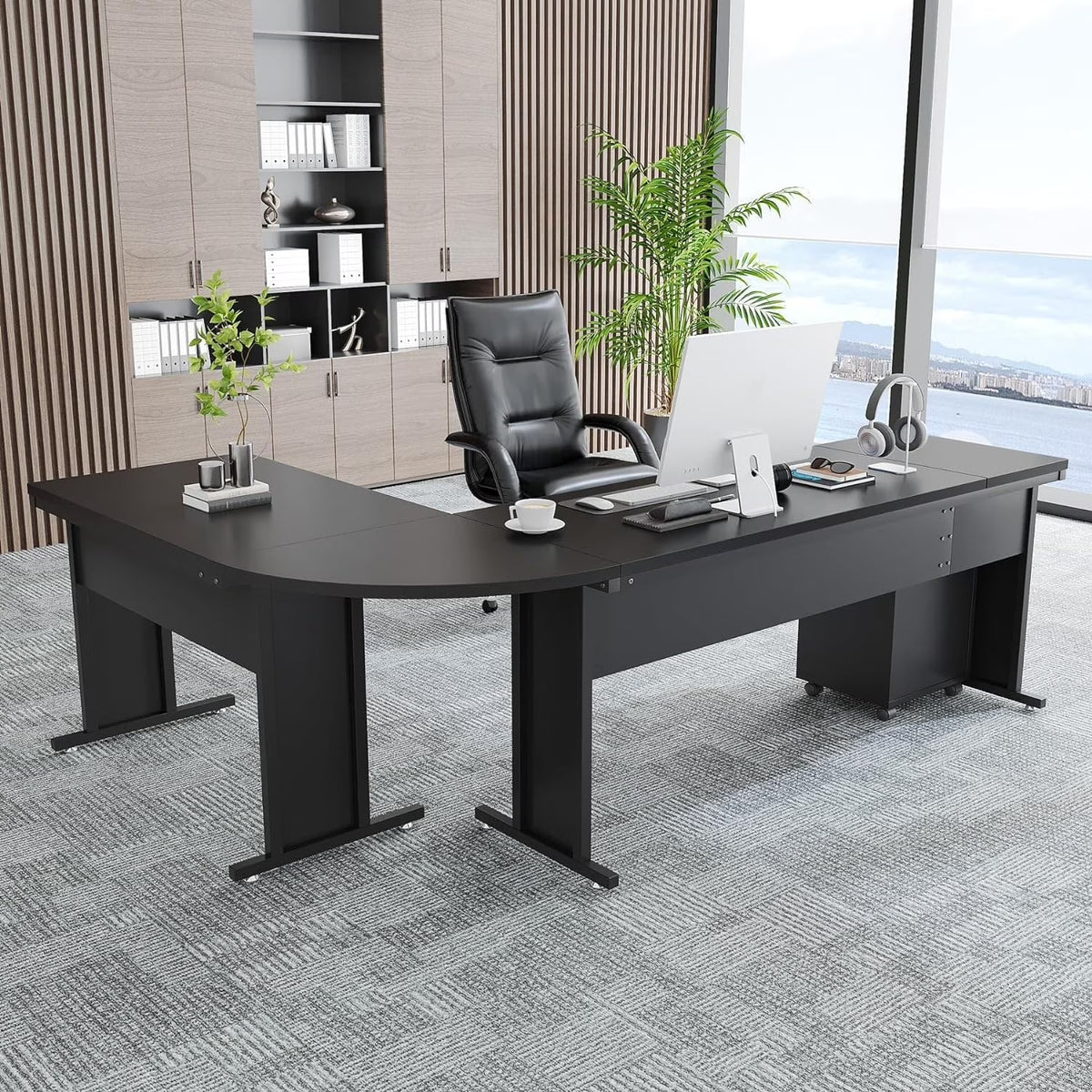 83" L-Shaped Executive Desk, Large L Office Desk with 3-Drawer Mobile File Cabinet, Business Furniture Desk Workstation Brown