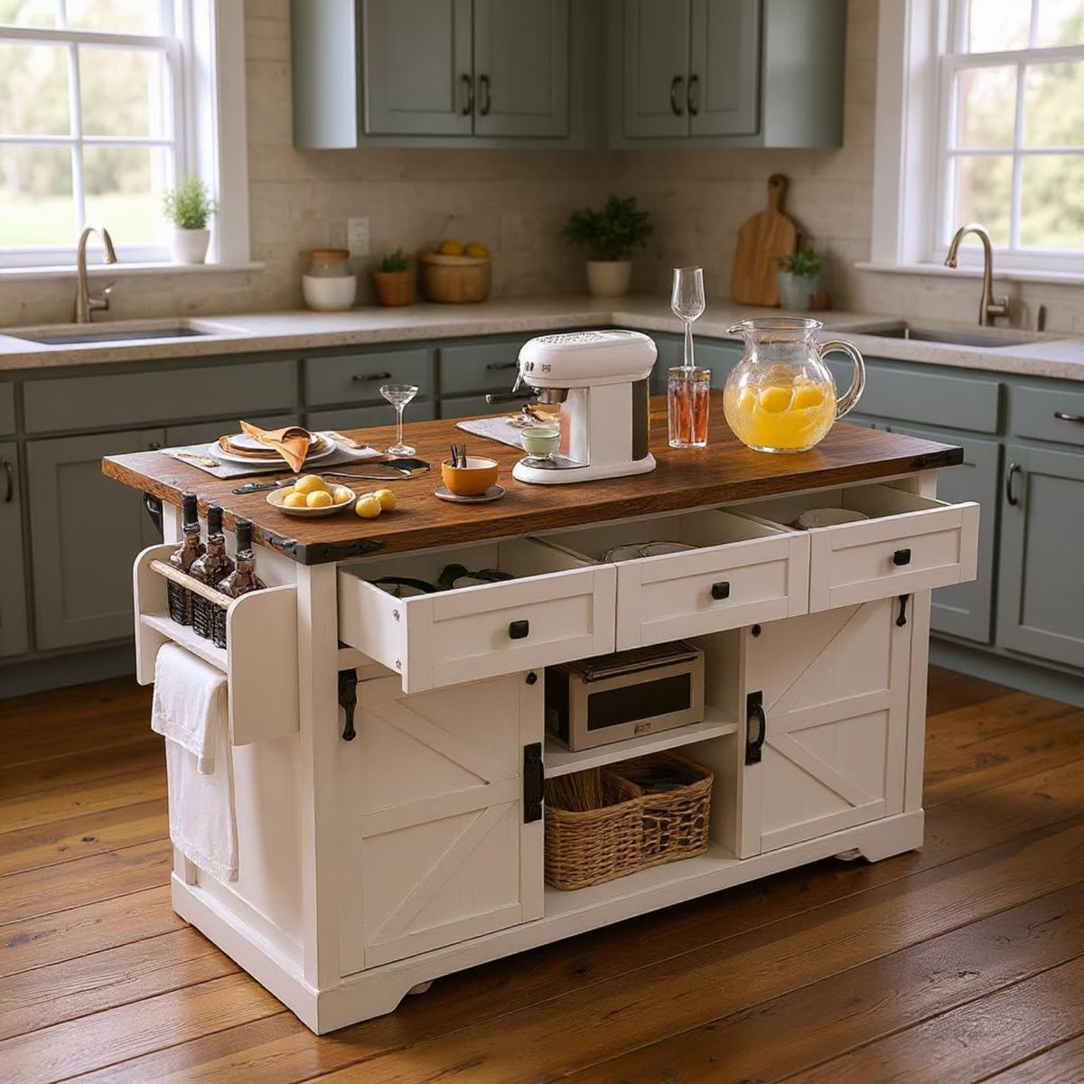 Homy Casa Farmhouse 53.7" Kitchen Island with Storage Cabinet, Sliding Barn Doors, and Wheels, White Oak