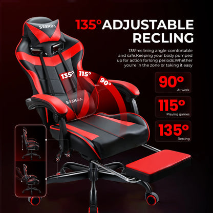 Gaming Chair, Seenda Video Game Chair with Footrest and Lumbar Support, Ergonomic Computer Chair Height Adjustable with Swivel Seat and Headrest, Red