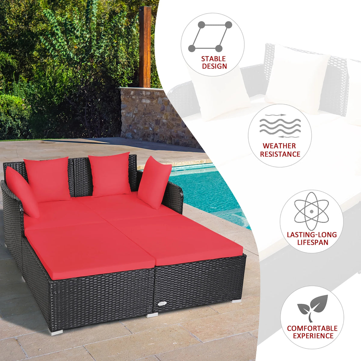 Costway Outdoor Patio Rattan Daybed Pillows Cushioned Sofa Furniture Beige
