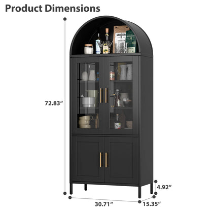 SUPEER Metal Arched Storage Display Cabinet with Glass Doors and Adjustable Shelves, Lockable Cabinet, Assembly Required, Black