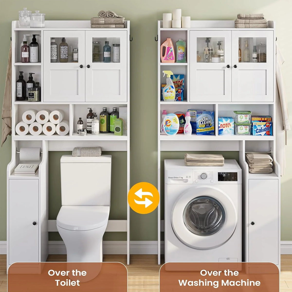 Over The Toilet Storage Cabinet with 3 Doors, Farmhouse Space Saver for Bathroom Organizer with Paper Holder, 10 Shelves and Hooks, 7-Tier Over Washing Machine Cabinet for Laundry, Bathroom, Natural