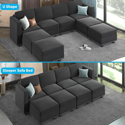 Mjkone Modular Sectional Sofa with Adjustable Armrest and Backrest for Living Room，U/L  Shaped Couch 8 Seater Convertible Sectional Couch with Storage Ottoman for Living Room,Dark Grey