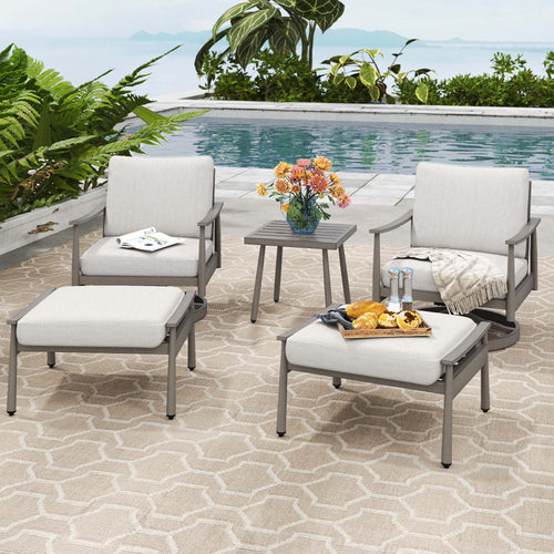 HAPPATIO Aluminum Outdoor Furniture Set - 5 Pieces Patio Furniture Set Includes 1 Side Table, 2 Swivel Chairs and 2 Ottomans with Thick Cushion, Patio Conversation Set for Backyard Poolside (Grey)