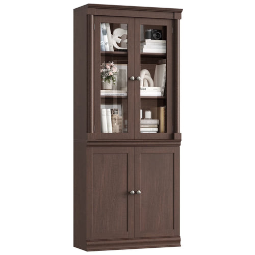 Homfa 71"H Bookcase with Glass Doors, 5 Tier Storage Bookshelf with Adjustable Shelf for Study Home Office,Reddish-Brown