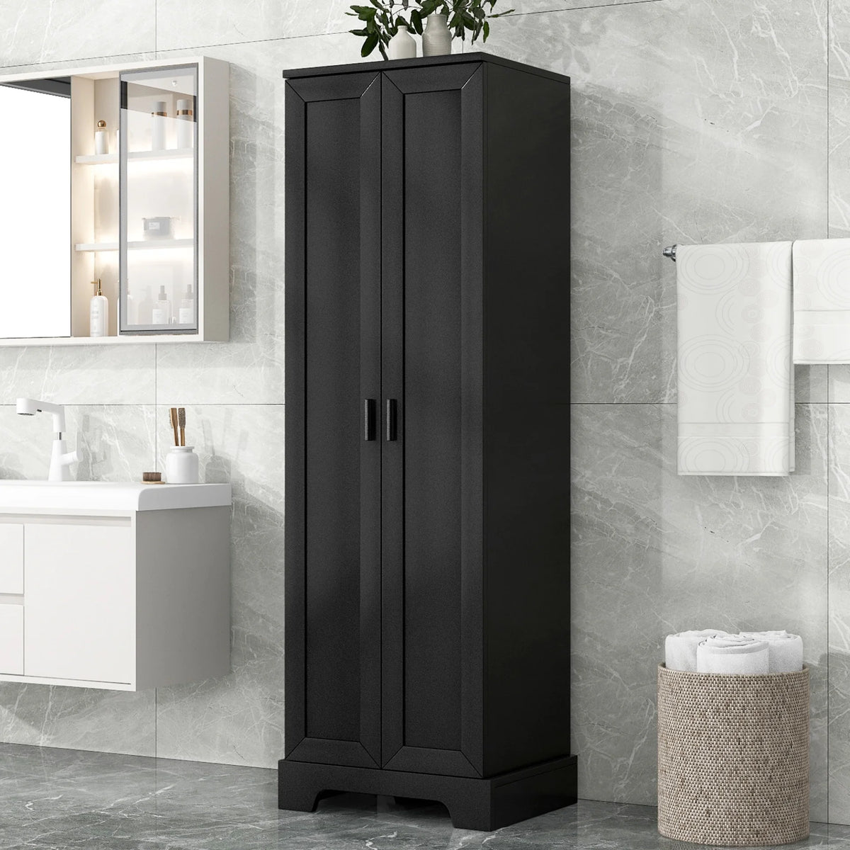 22'' Double Door Storage Cabinet with Adjustable Shelves, High Quality Bathroom Cabinet with  MDF Material, for Living room, Bathroom, Black