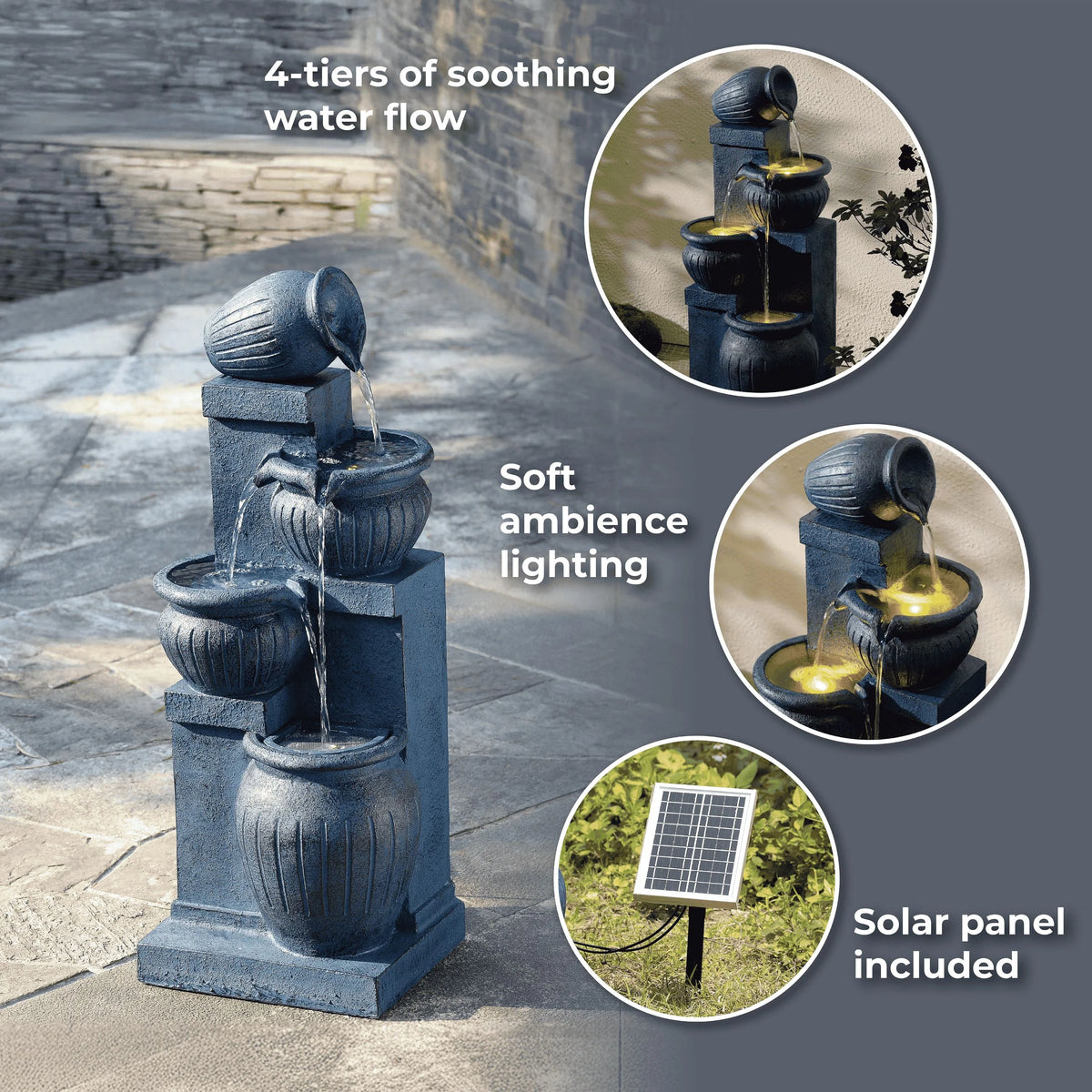 Teamson Home Outdoor Water Fountain with Lights�C 4-Tier Cascading Bowl Design with LED Light & Solar Pump, Solar-Powered Water Fountain Outdoor Garden, Yard, or Patio D��cor, Navy Blue
