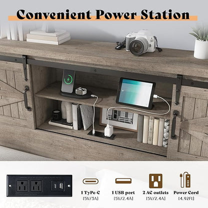 Merluxy Farmhouse Full Bed Frame with Storage Bookcase & Charging Station, Bedroom Furniture, Grey