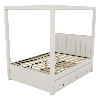 EUROCO Upholstered Full Size Canopy Bed Frame with Trundle Bed and 3 Drawers, Platform Bed with Headboard for Kids Teens Adults, Beige