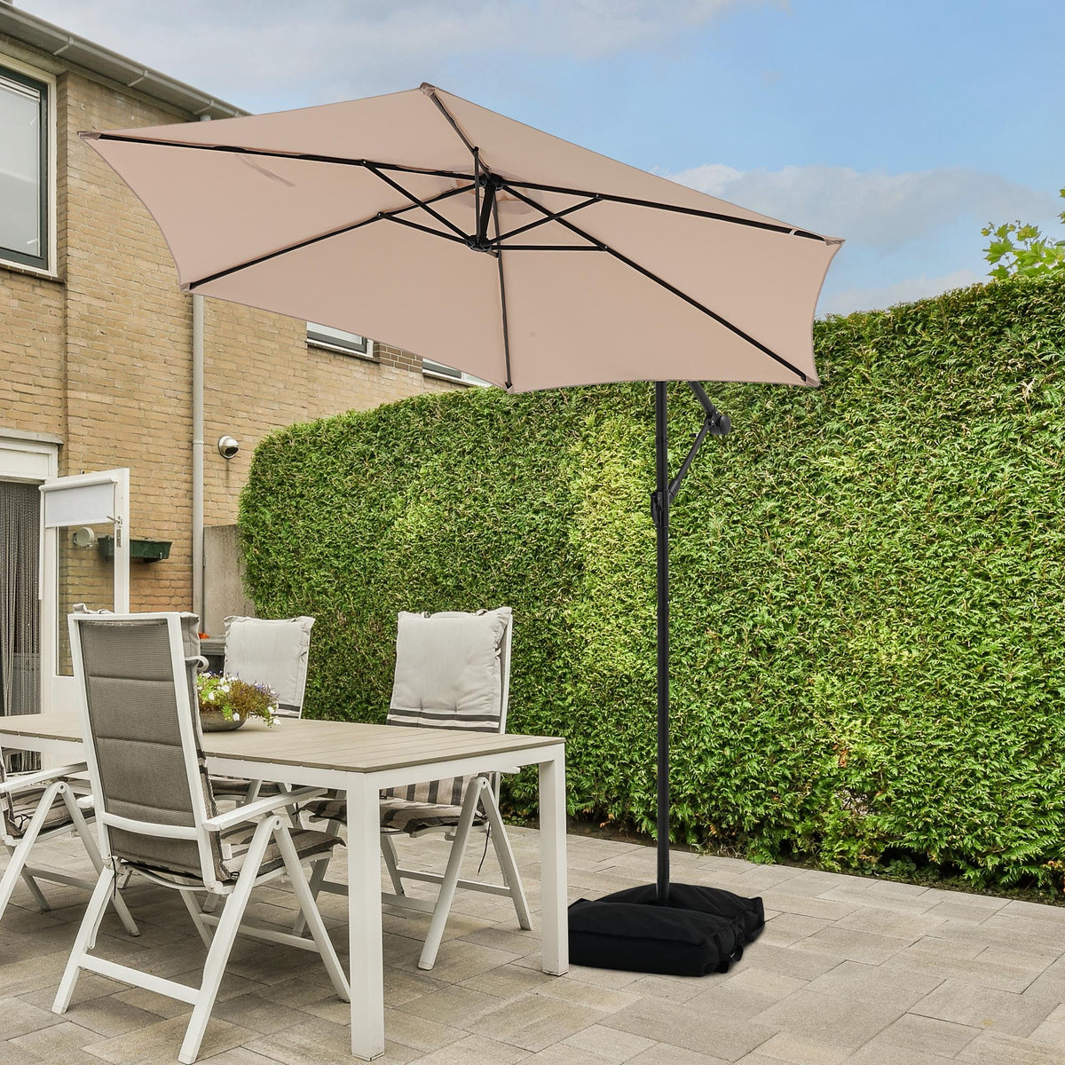 Ainfox 10ft Cantilever Patio Umbrella with Lights, Offset Market Umbrella with Sandbags Weighted Base and Cross Base,Khaki