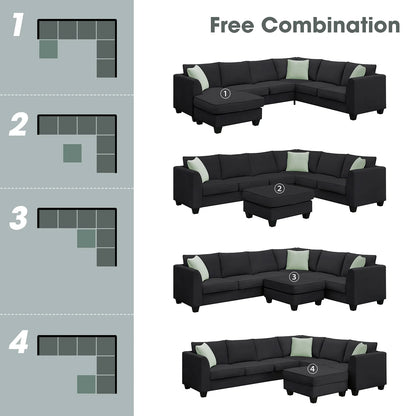 Harper & Bright Designs Modular Sectional Sofa with Ottoman Couch L Shape Corner Sofa Sets 7 Seats Fabric Couch for Living Room, Black, 112 * 87 inch