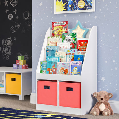 RiverRidge Kid Bookshelf Toy Storage Organizer with 4 Bookracks 2 Cubbies and 2 Gray Bins